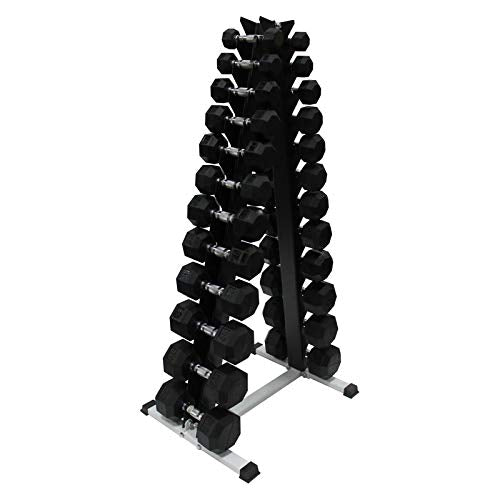 Black Octagonal Rubber Dumbbell Set with Storage Rack