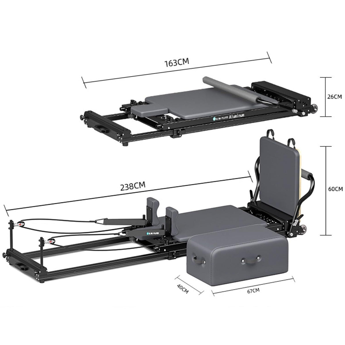 Aluminum Pilates Core Bed with Foot Bar & Adjustable Storage