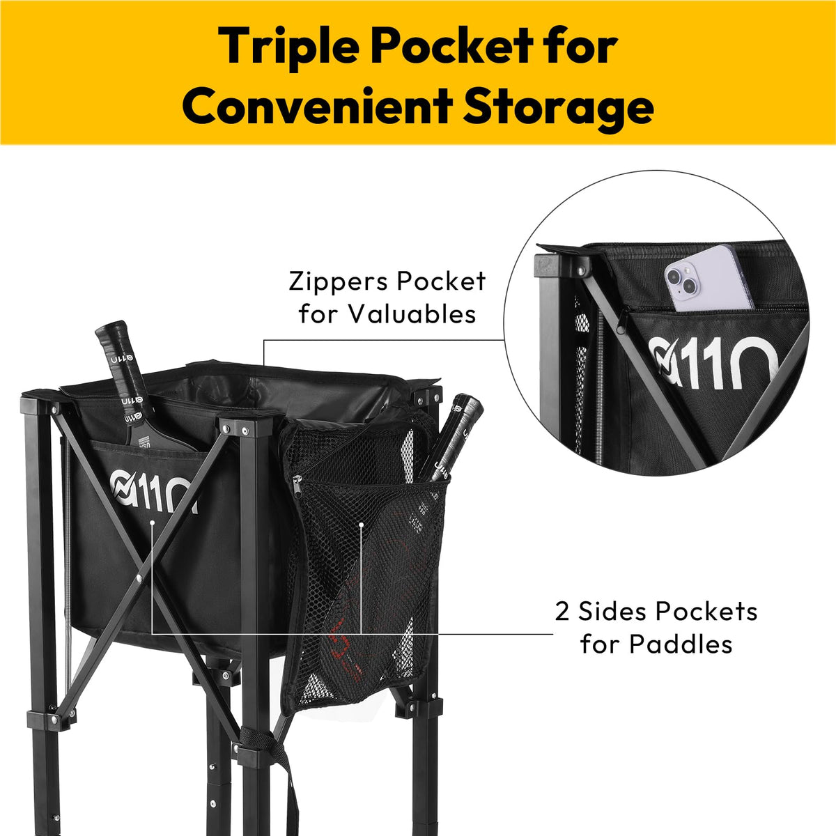 Foldable Tennis & Pickleball Ball Hopper Cart with Wheels