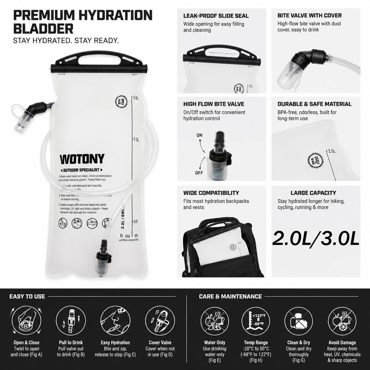 Lightweight Hydration Backpack with 2L or 3L Water Bladder