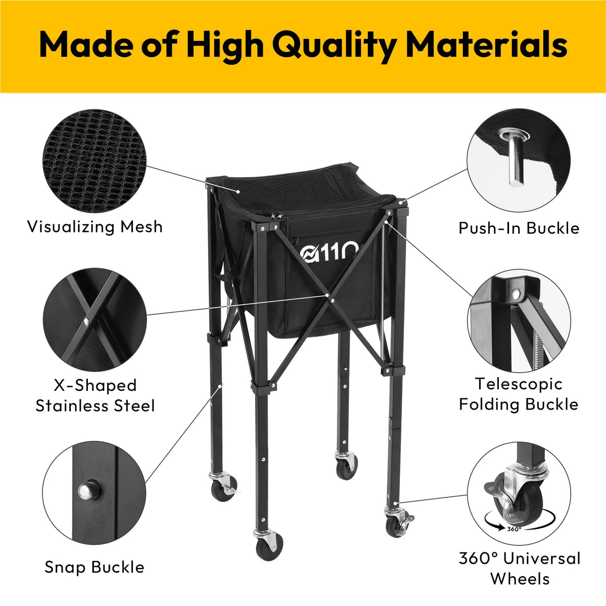 Foldable Tennis & Pickleball Ball Hopper Cart with Wheels