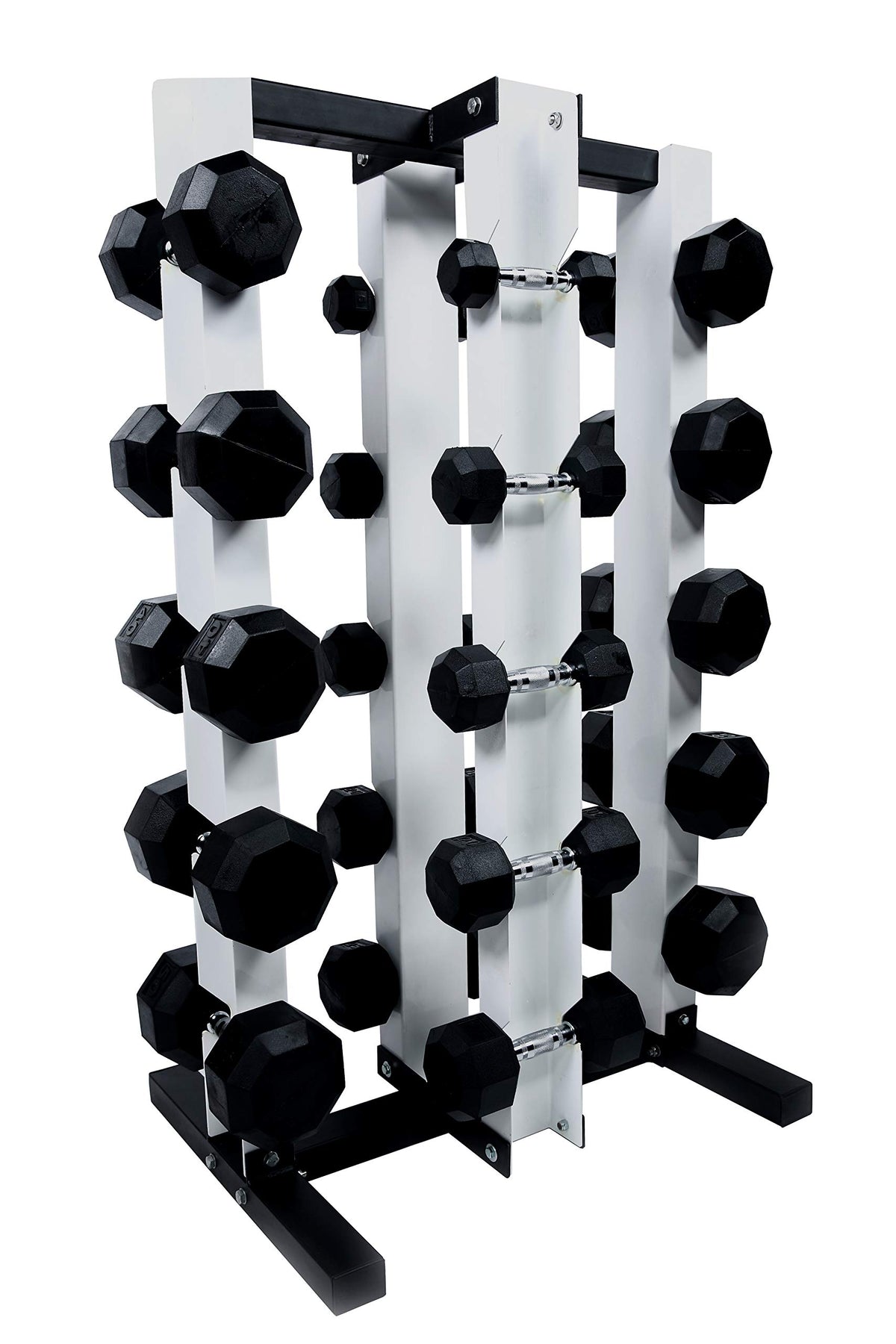 Black Octagonal Rubber Dumbbell Set with Storage Rack