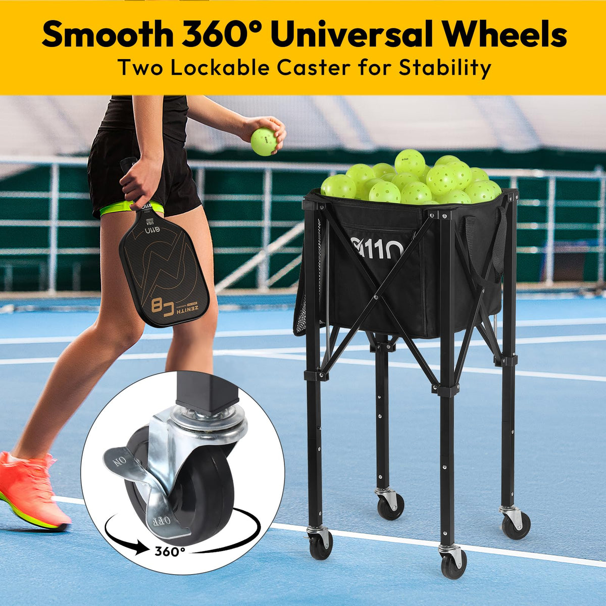 Foldable Tennis & Pickleball Ball Hopper Cart with Wheels