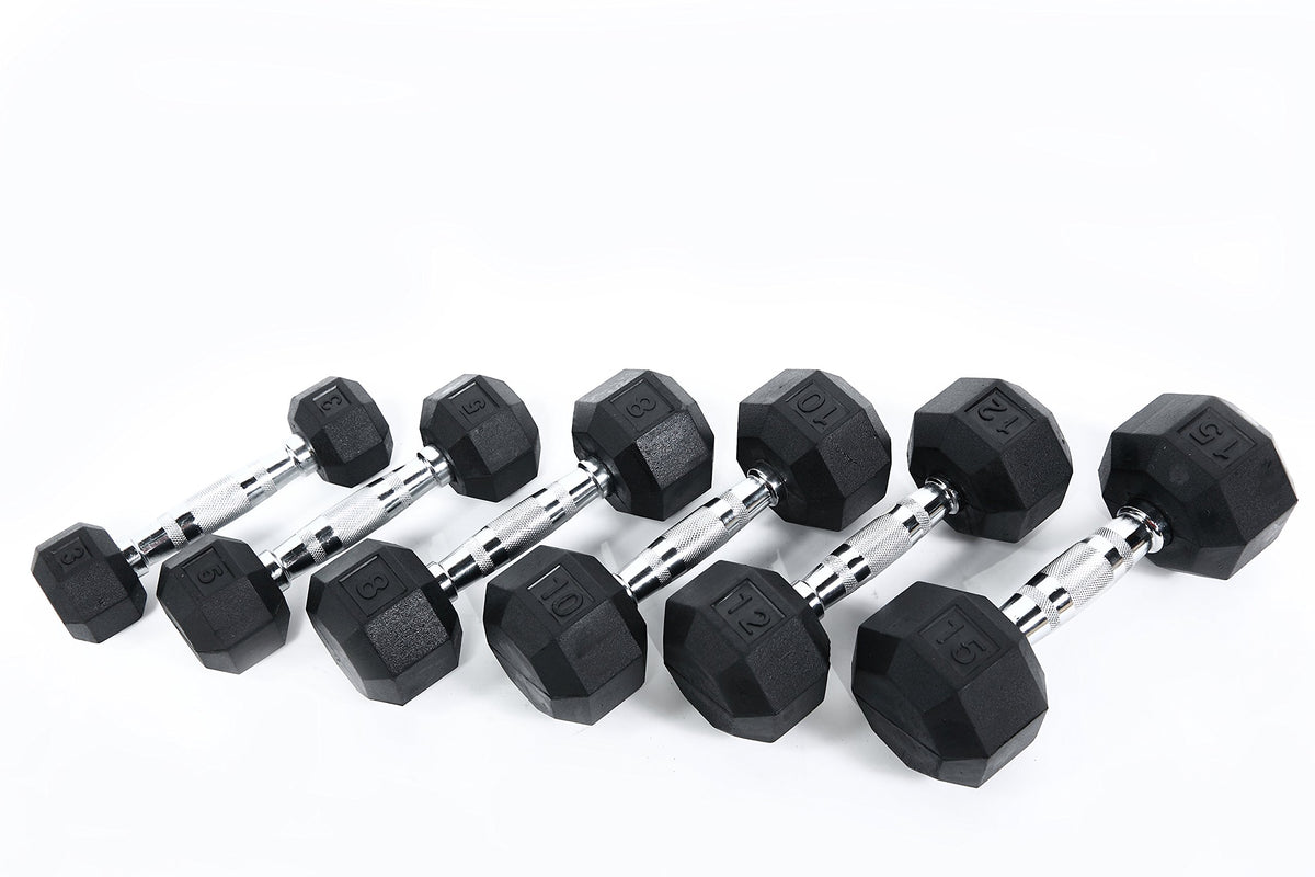 Black Octagonal Rubber Dumbbell Set with Storage Rack