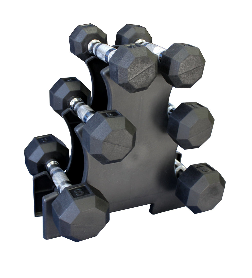 Black Octagonal Rubber Dumbbell Set with Storage Rack